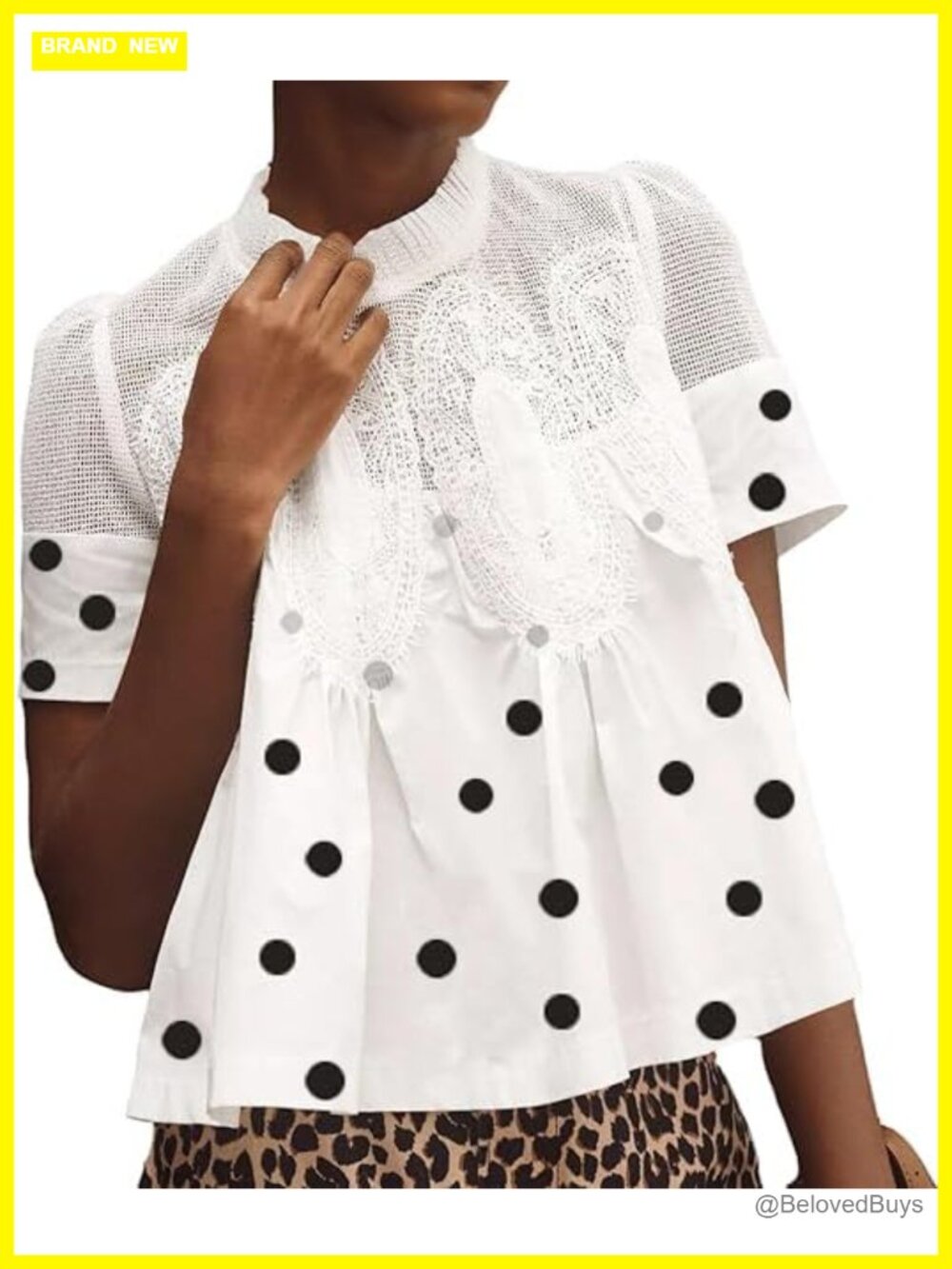 Lace Detail Flared Blouse Short Sleeve Crew Neck Poplin Mesh Swing Top